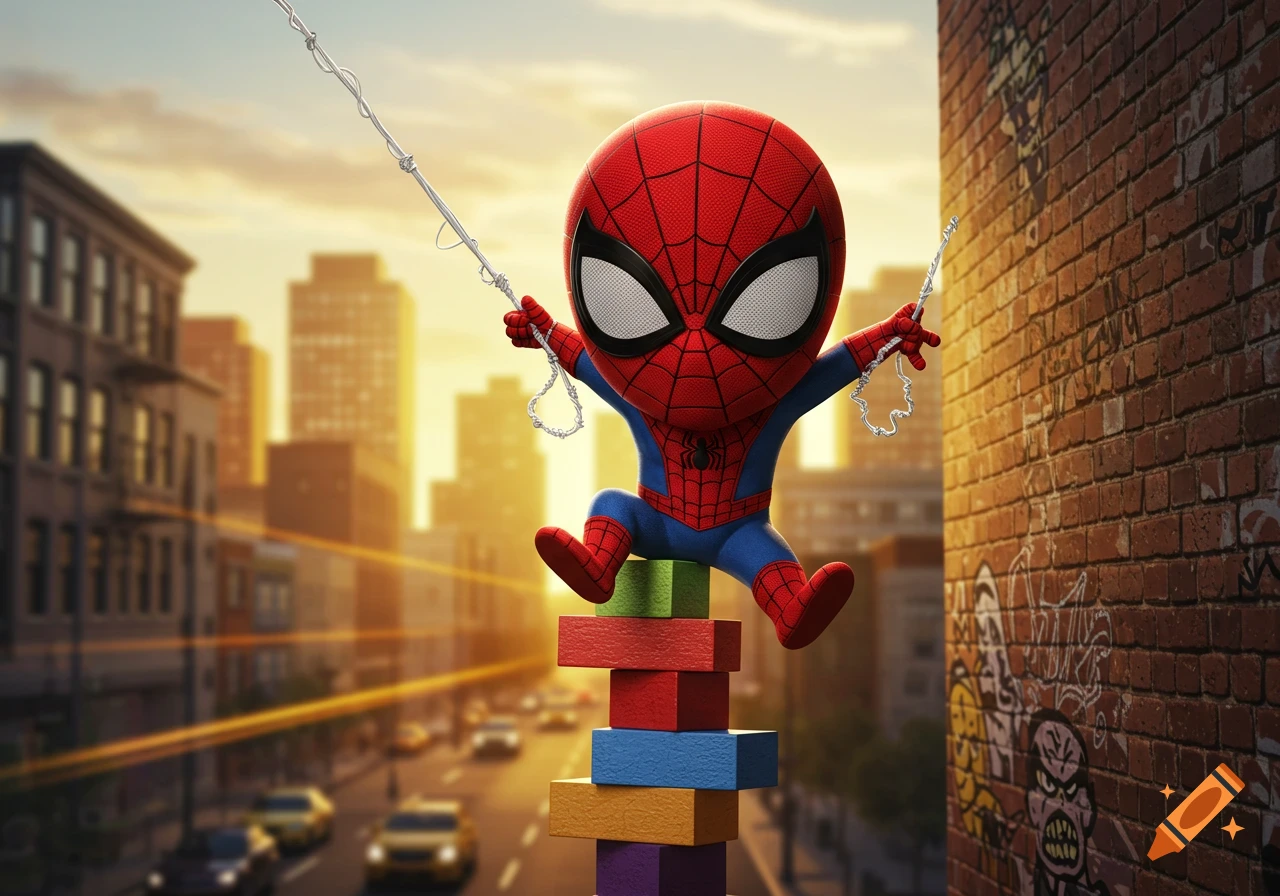 A chibi-style Baby Spider-Man sits atop a stack of colorful blocks, holding onto web lines in a vibrant city at sunset.
