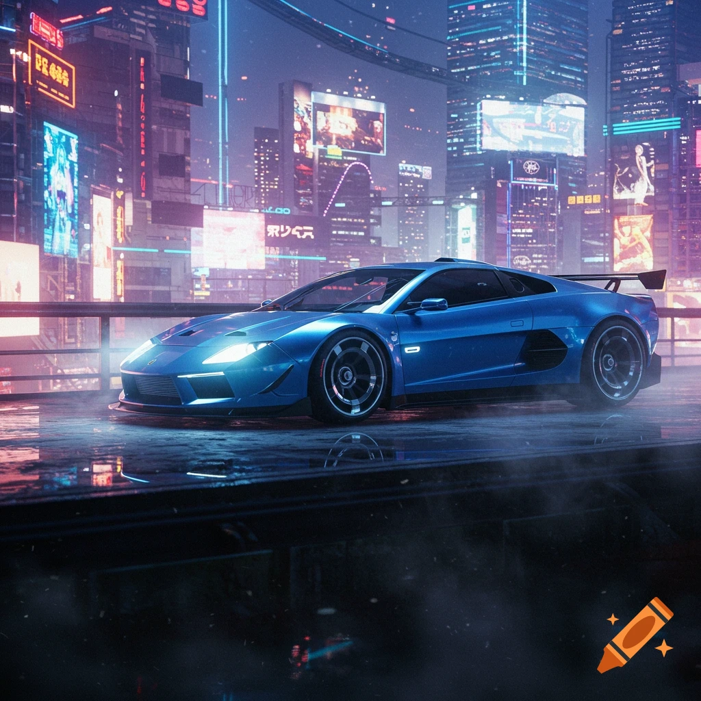 A sleek blue futuristic sports car parked on a wet street in a neon-lit cyberpunk city at night.