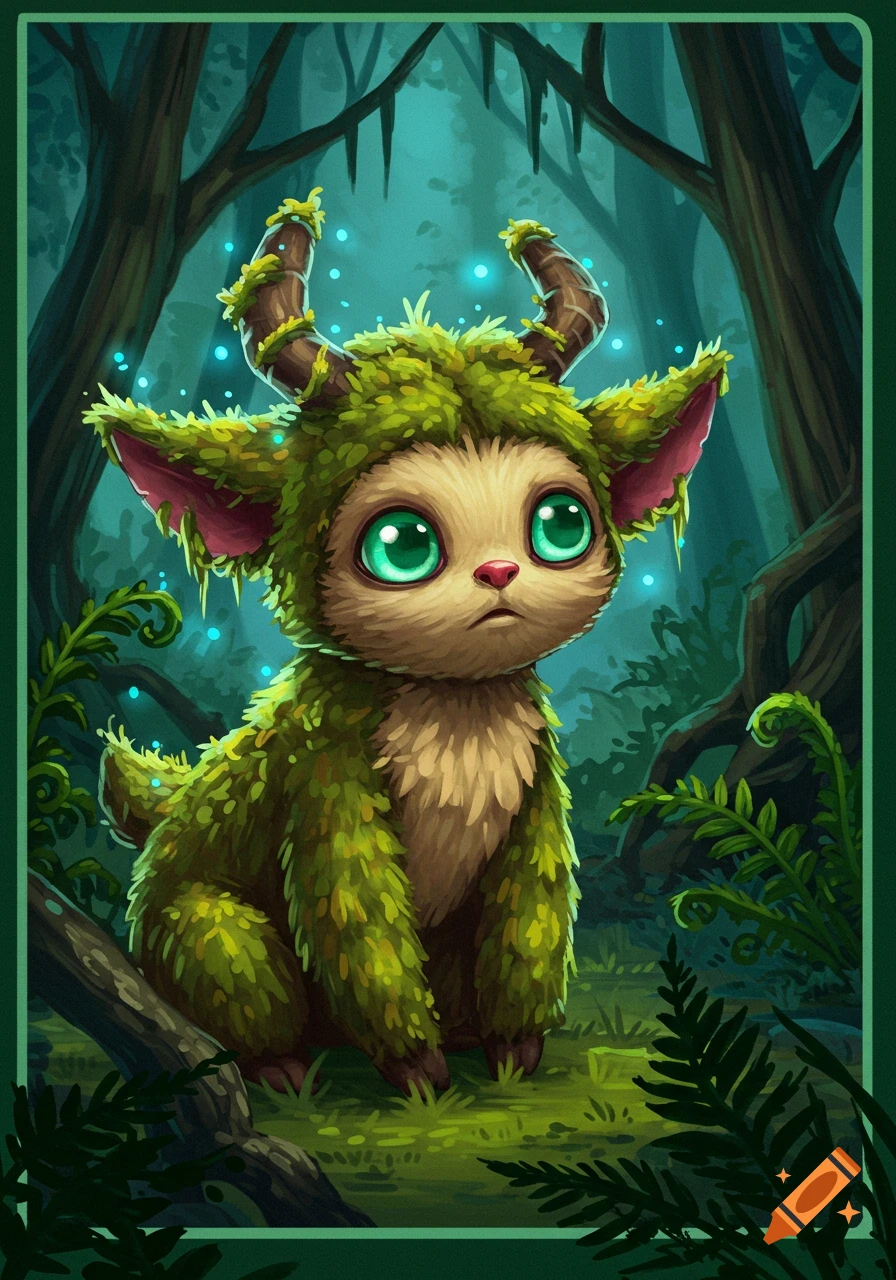 A cute, moss-covered forest creature with large green eyes and vine horns sits in a misty, dark forest. Illustration.