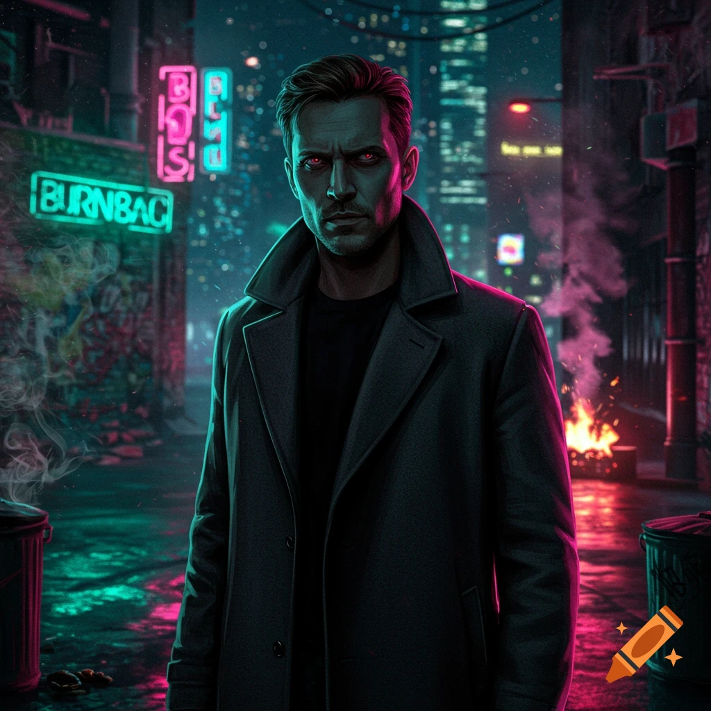 A man with glowing red eyes in a dark, neon-lit urban alley at night with a fire in the background.
