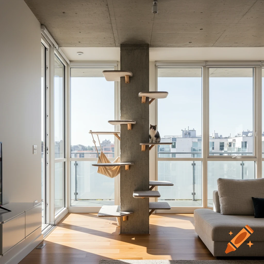 A domestic cat sits on a high modern cat tree attached to a concrete pillar in a brightly lit apartment with large windows.