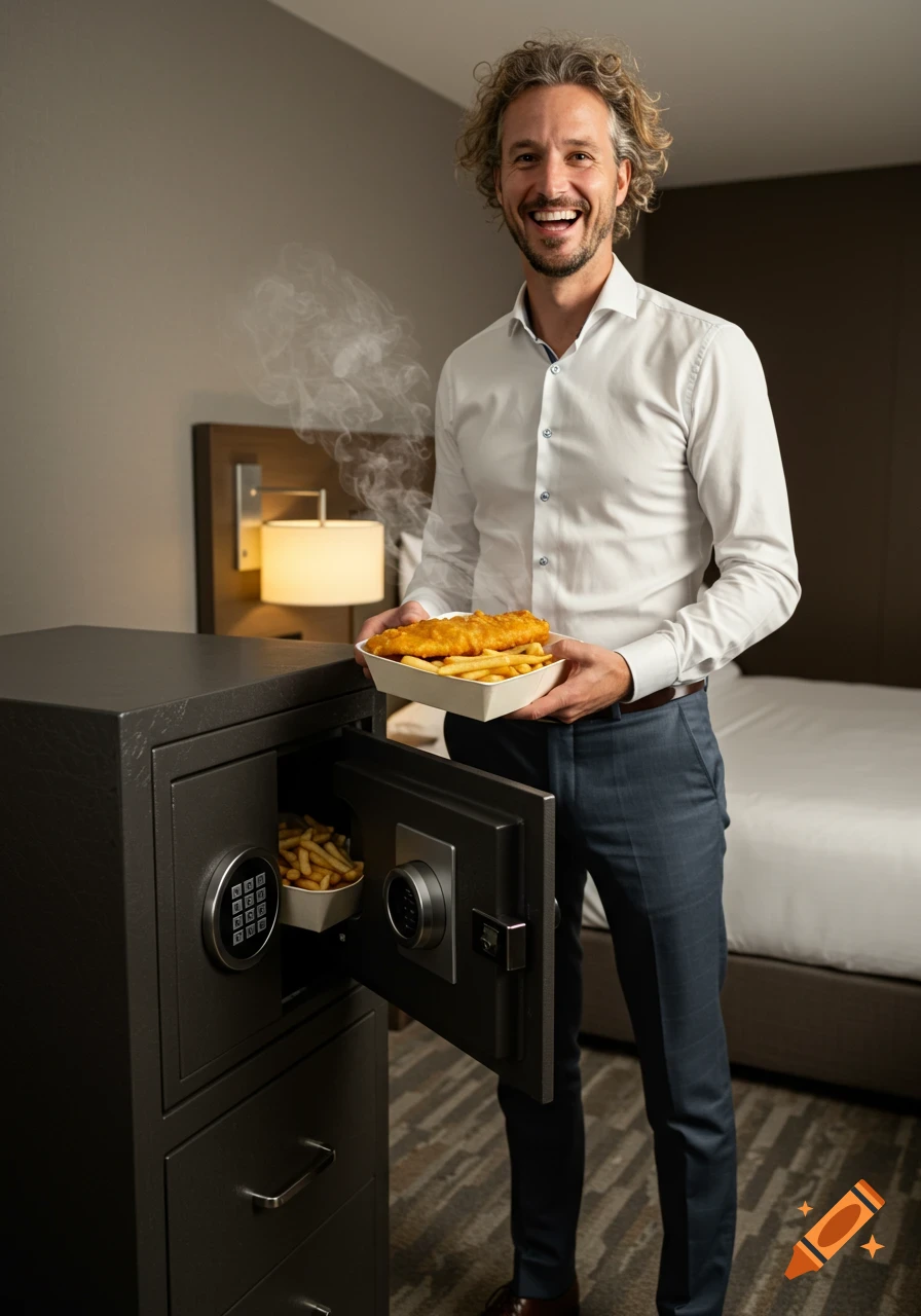 A smiling man holds a takeout container of steaming fish and chips, standing next to an open hotel safe in a hotel room.