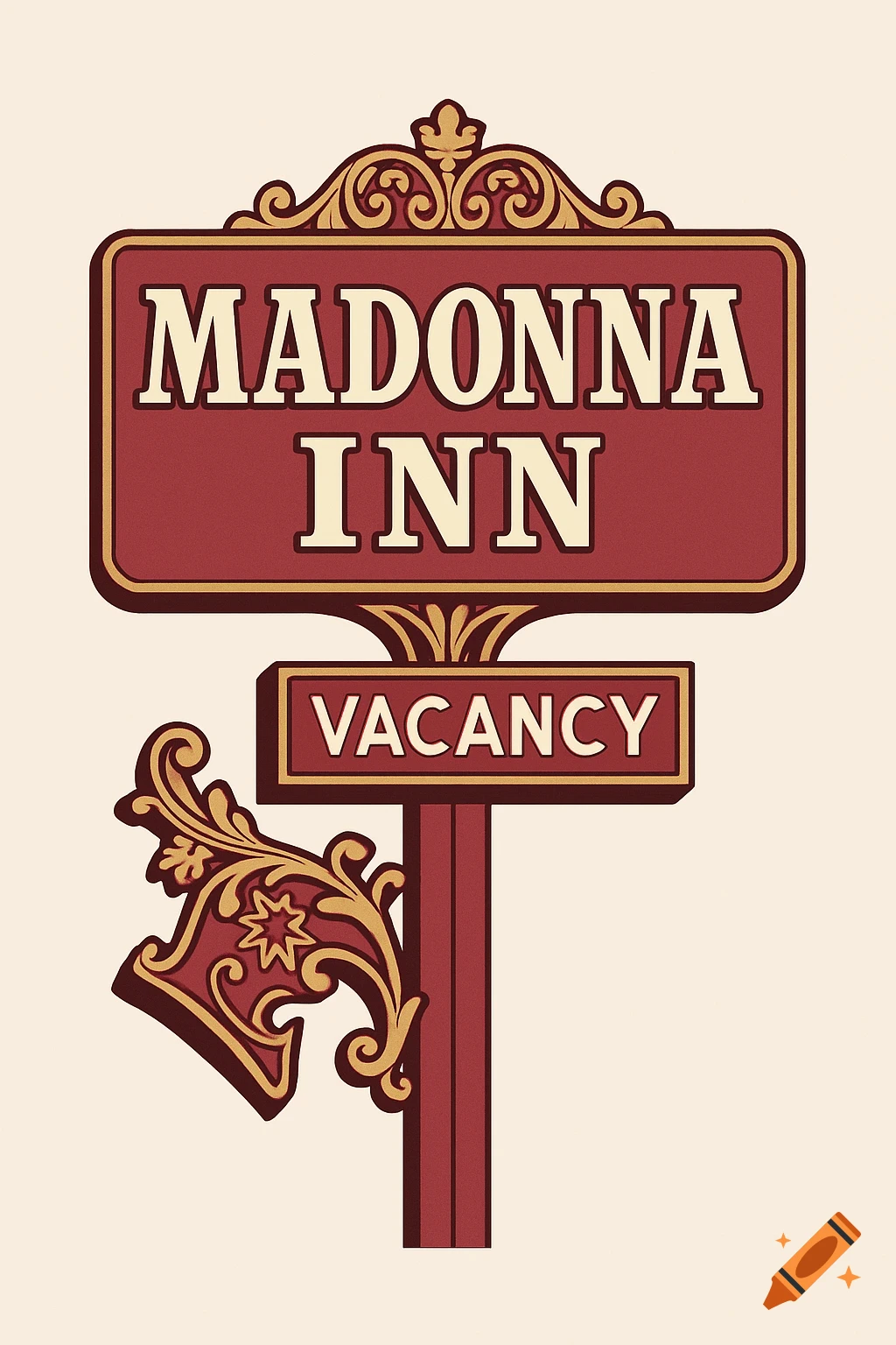 A vintage-style hotel sign with ornate gold trim, featuring 'MADONNA INN' in large cream letters and 'VACANCY' below, on a deep red background.
