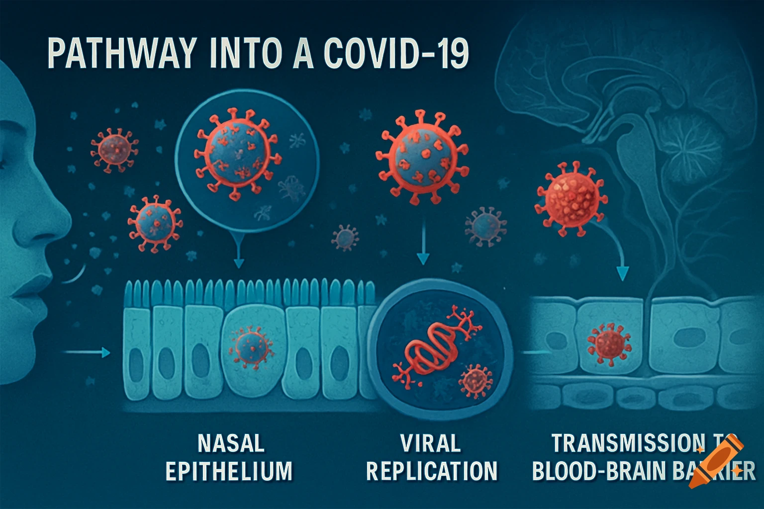 A scientific diagram illustrates the pathway of COVID-19 from nasal epithelium, through viral replication, to transmission to the blood-brain barrier.