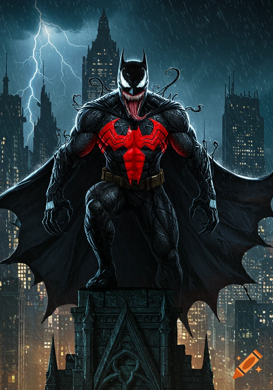 A dark, stylized illustration of a Batman-Venom fusion character standing on a gothic building in a rainy, lightning-struck city.