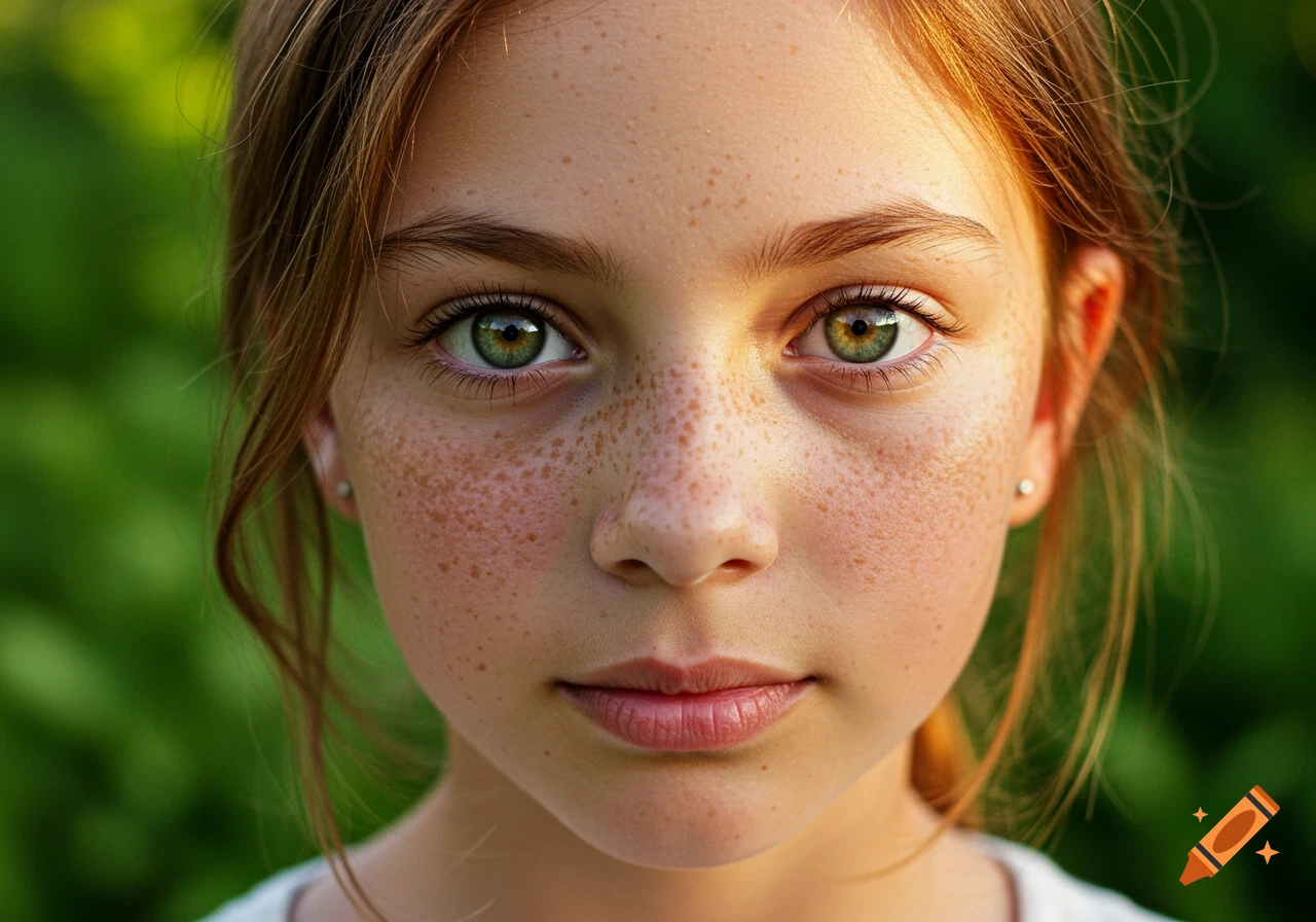 Close-up photorealistic portrait of a young girl with freckles, green and amber eyes, and reddish-brown hair.