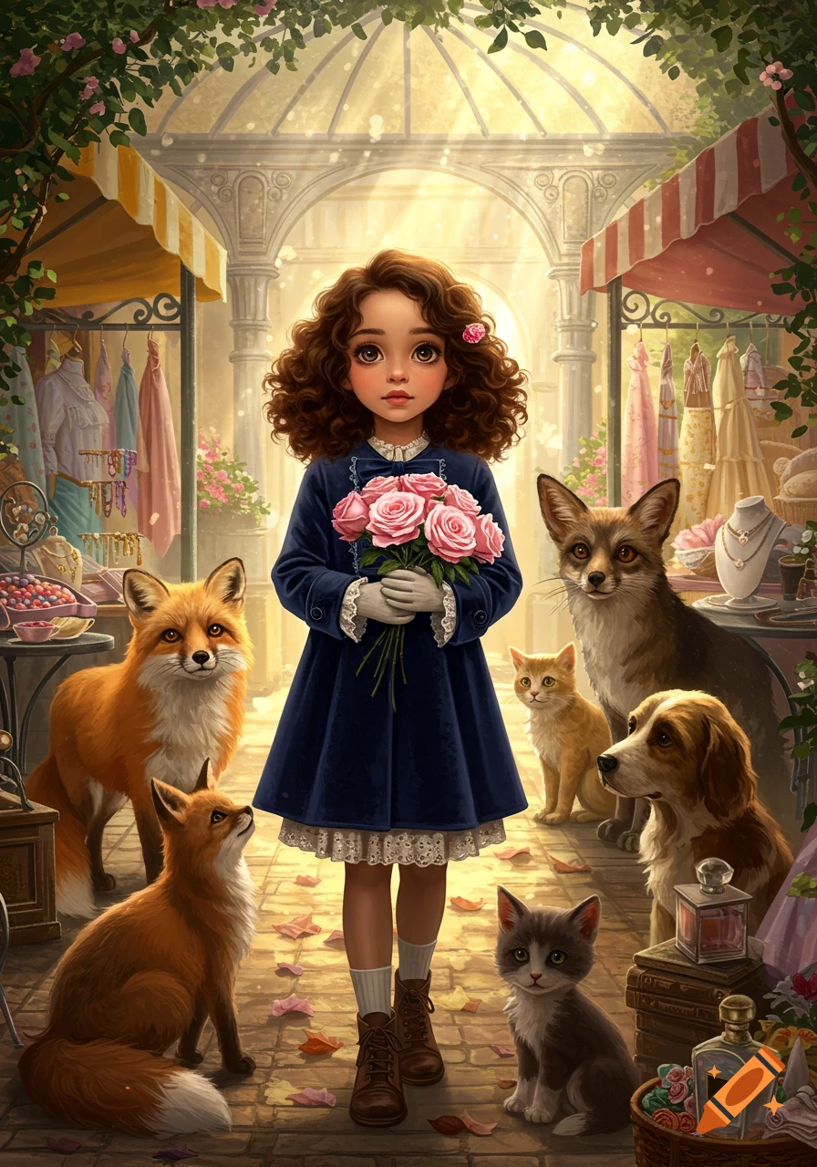 A whimsical illustration of a young girl holding roses, surrounded by foxes, cats, and a dog in a magical market setting.