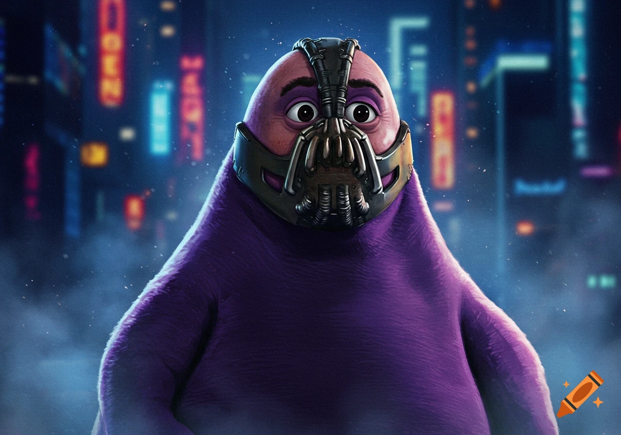 A purple Grimace character from McDonald's wearing a detailed Bane mask, against a blurred neon-lit city night background.