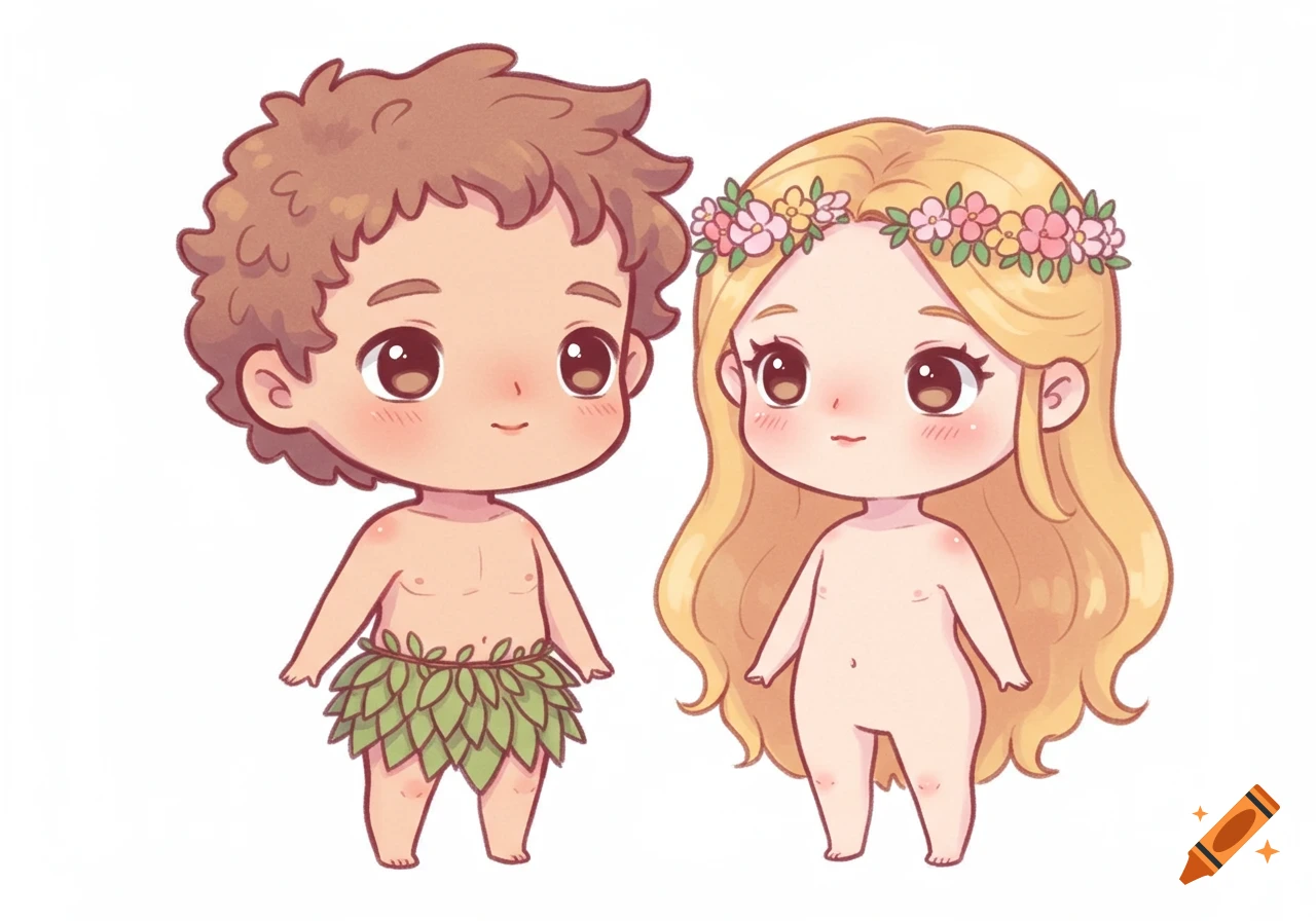 Chibi illustration of Adam wearing a leaf skirt and Eve with a flower crown, both with big eyes and small bodies.