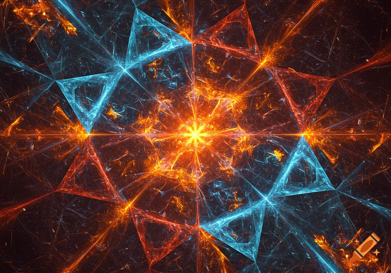 An intricate abstract fractal image featuring a central glowing orange starburst surrounded by geometric patterns in vibrant orange and electric blue hues on a dark background.