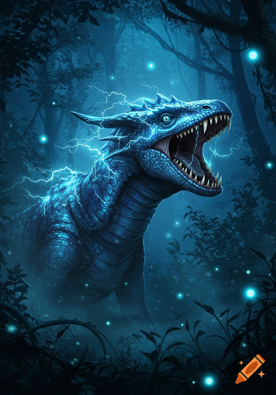 A fierce blue dragon with lightning effects roars in a dark, misty forest illuminated by glowing blue orbs.