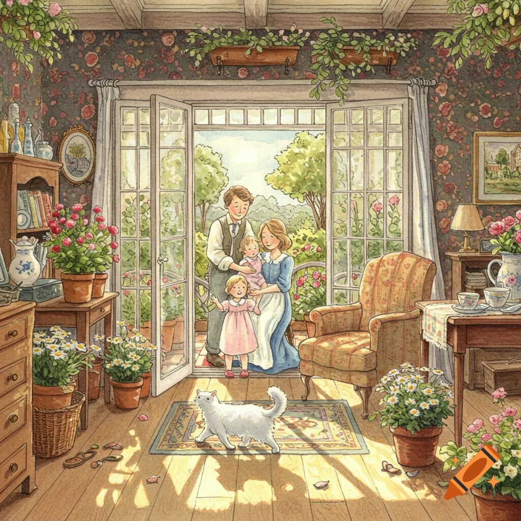 A family of four (parents, two young children) stands at an open door leading to a garden, a white cat walks across a rug. Watercolor illustration.
