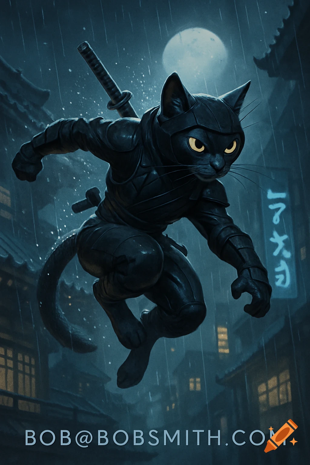 A black ninja cat with glowing yellow eyes leaps in the rain at night, a katana on its back. Traditional Japanese buildings are in the background under a full moon.