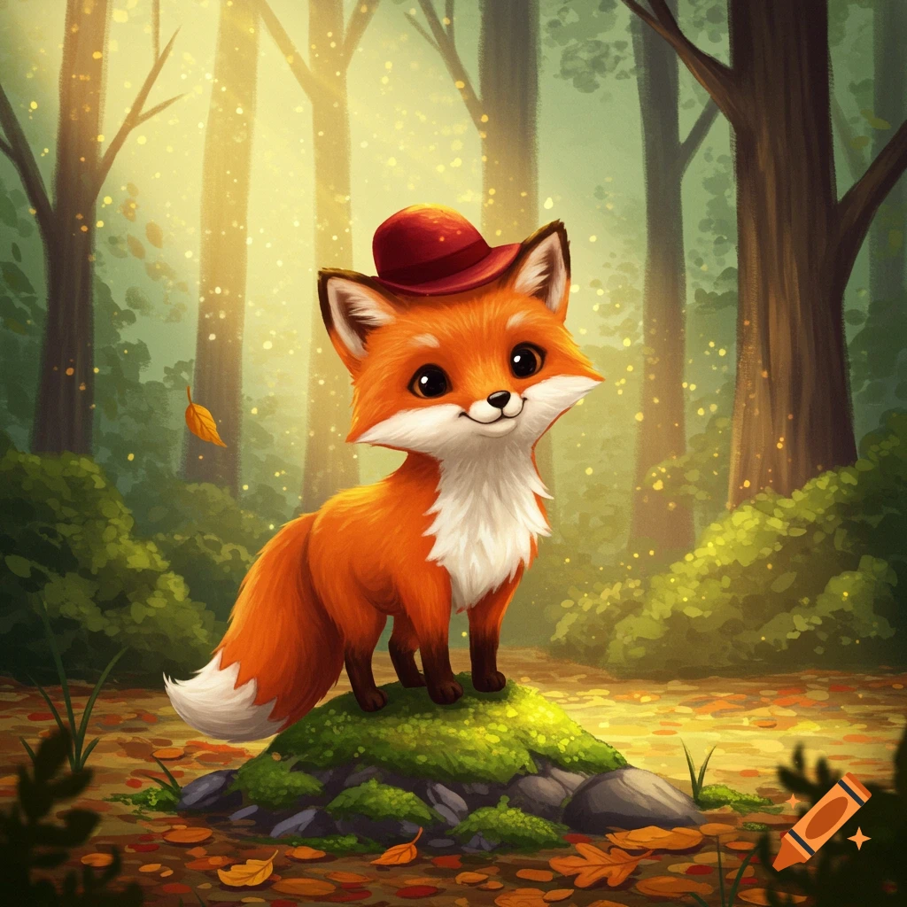 A cute illustrated fox wearing a red hat stands on a mossy rock in a sunlit forest with falling leaves.