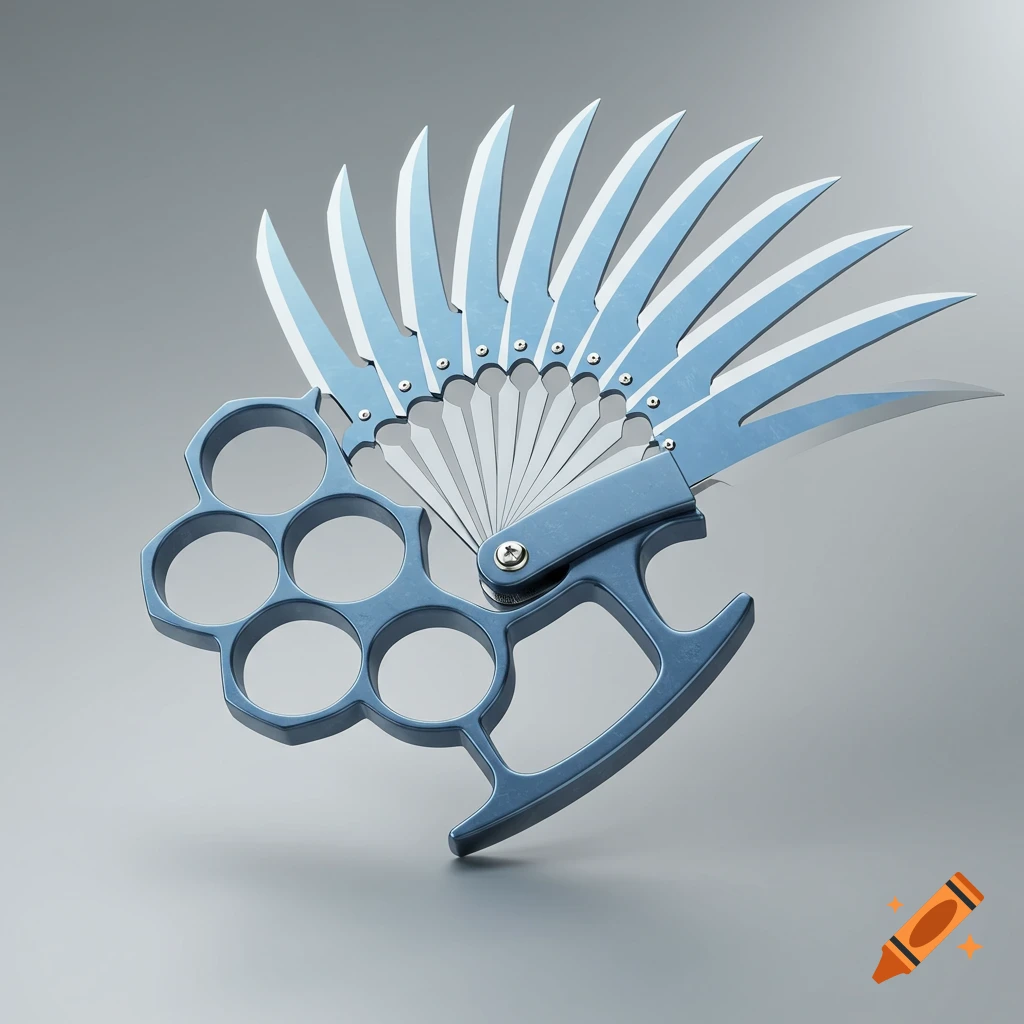 A stylized light blue weapon combining brass knuckles and a bladed folding fan, on a neutral grey background.