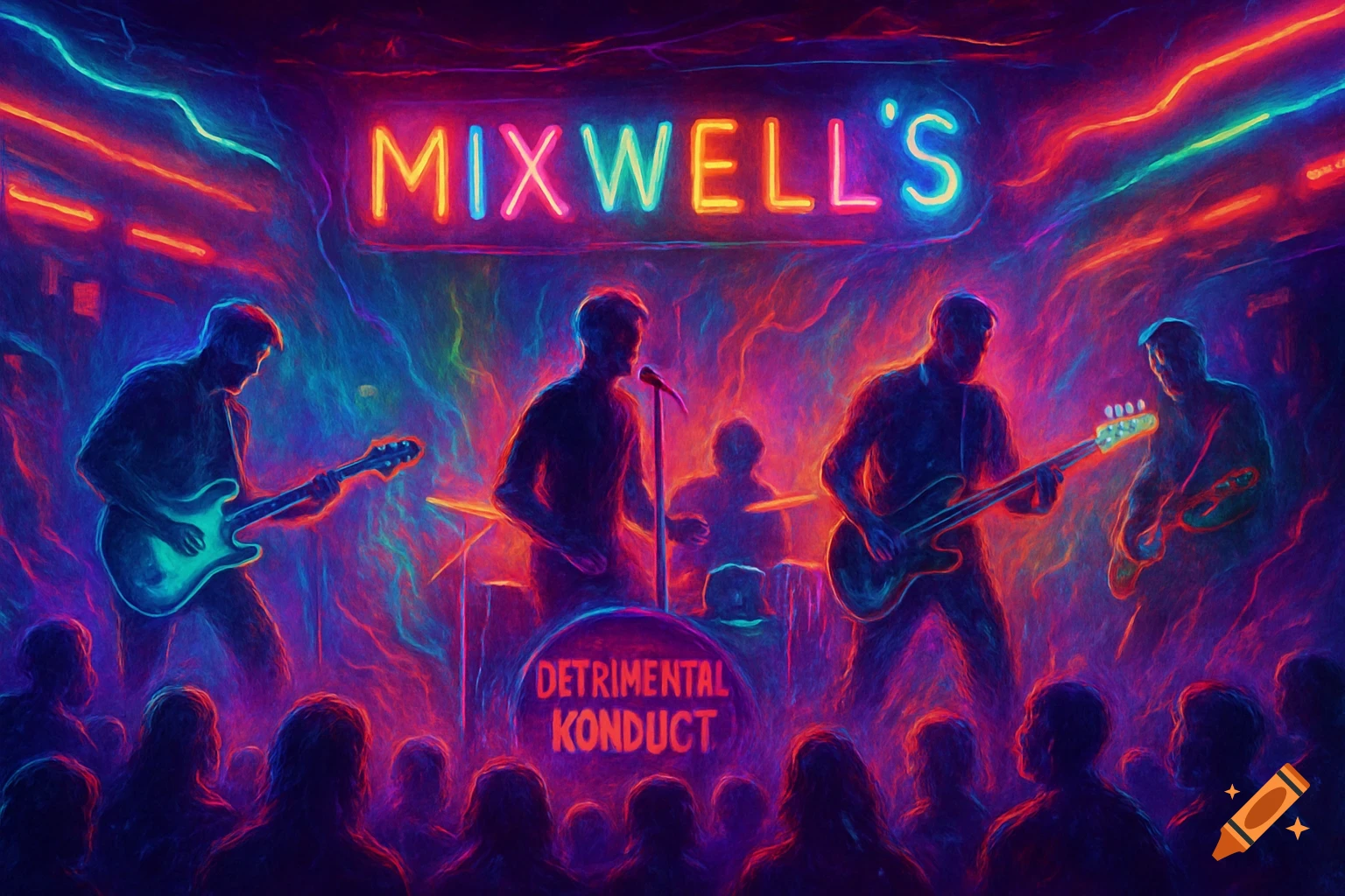 A band plays on stage in a club with vibrant neon lights and a glowing, abstract background. The sign above reads "MIXWELL'S".