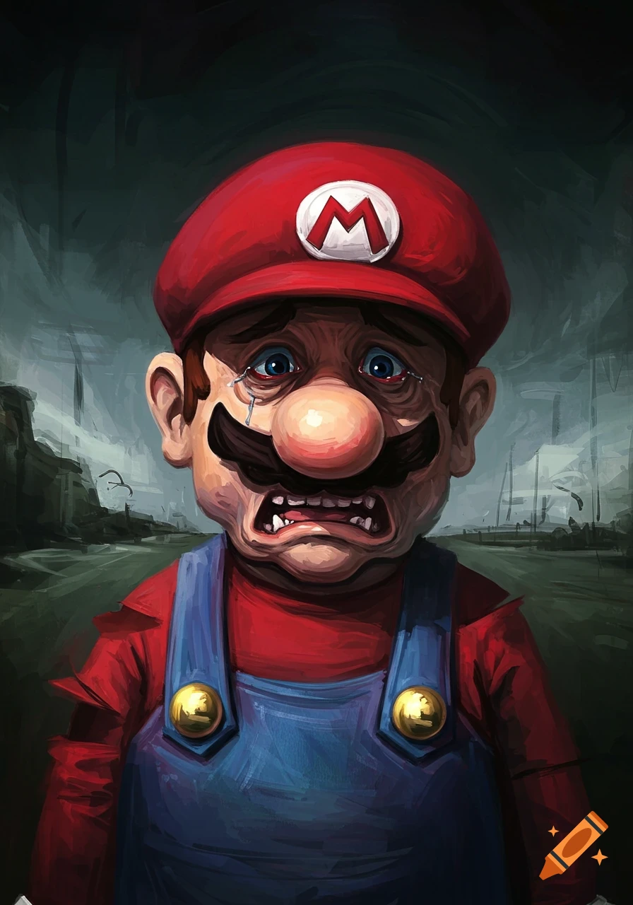 A distorted, crying Mario with an M on his hat, painted in an expressionistic style against a dark background.