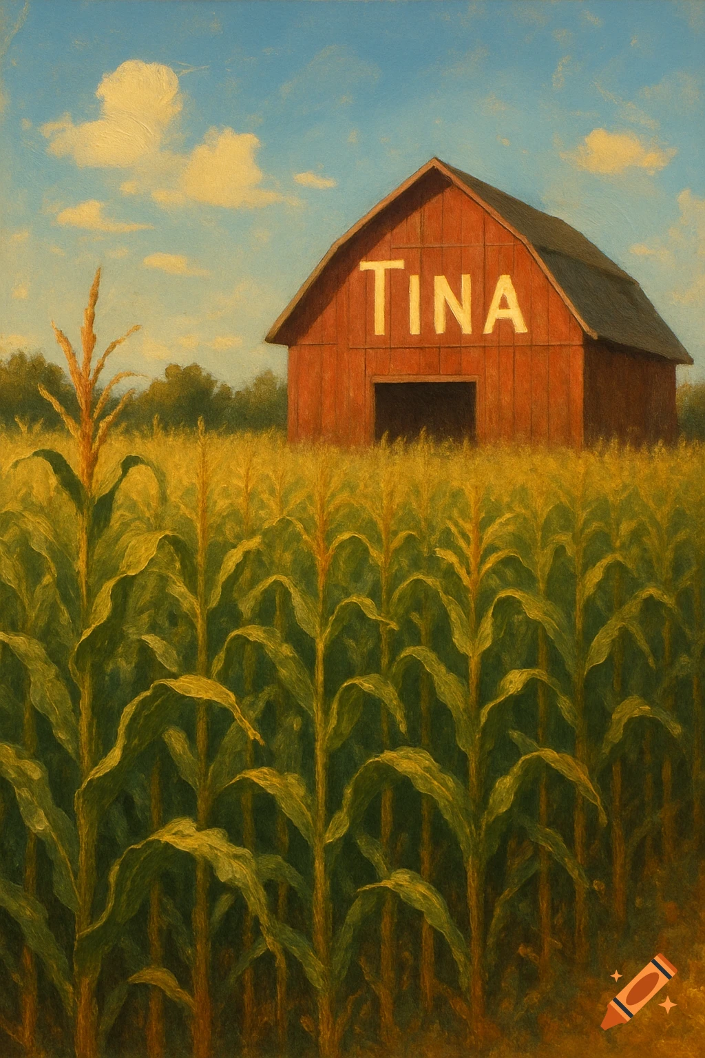 Red barn with 'TINA' in a golden cornfield under a blue sky, painted in an oil style.