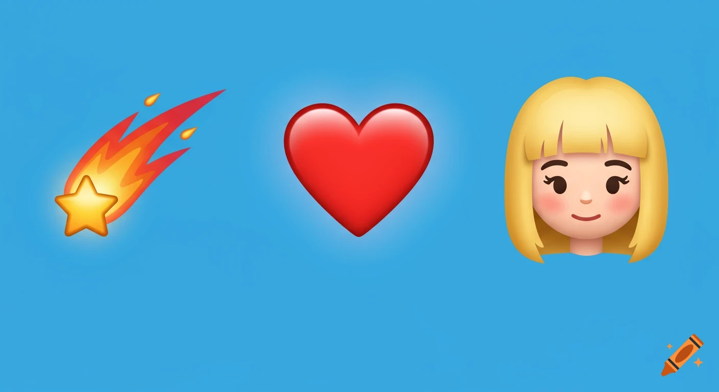 Three emojis on a blue background: a shooting star, a red heart, and a blonde girl's head.