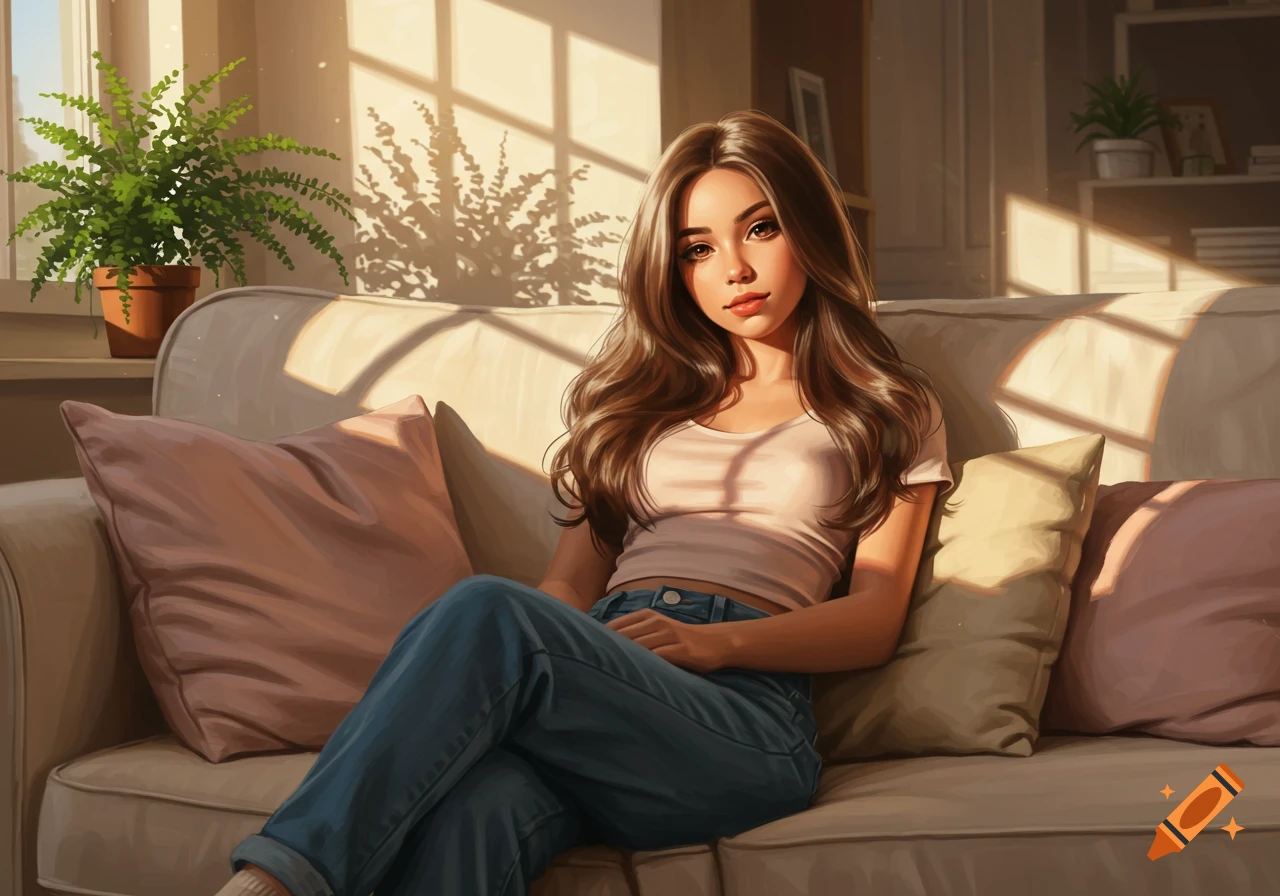 A digital painting of a young woman with long brown hair sitting on a couch in a sunlit living room.