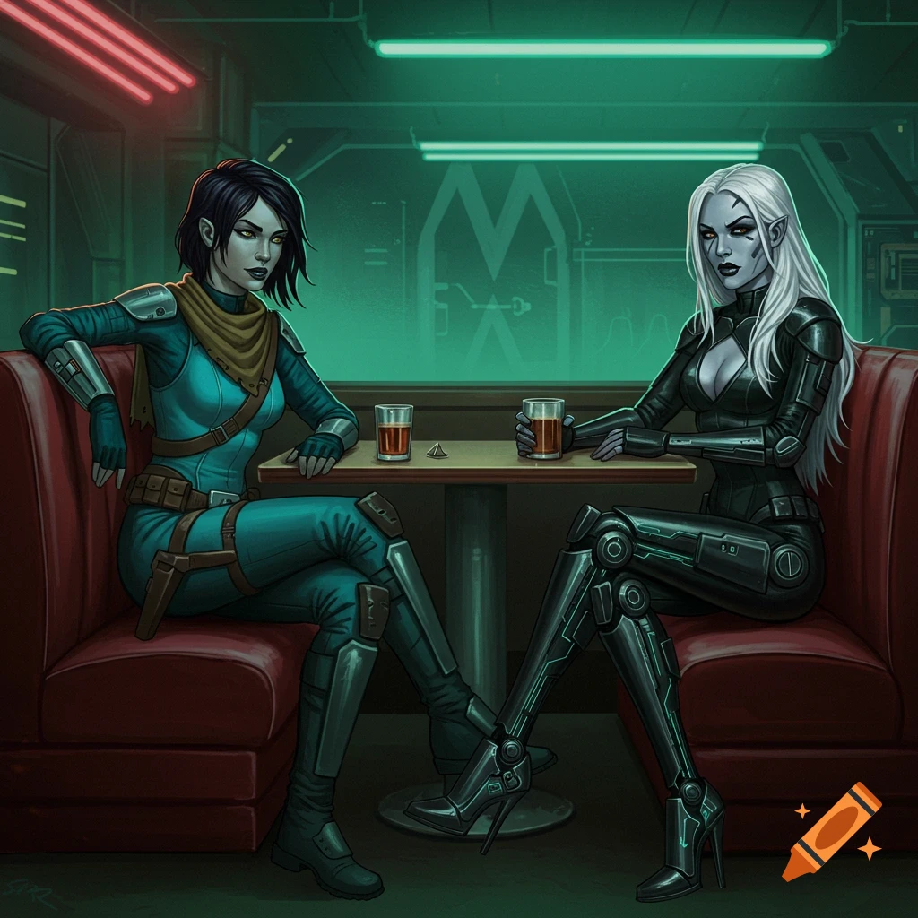 Two female characters in retro sci-fi outfits sit in a dimly lit cantina booth, one in teal, the other in black with robotic legs, in a pulp art style.