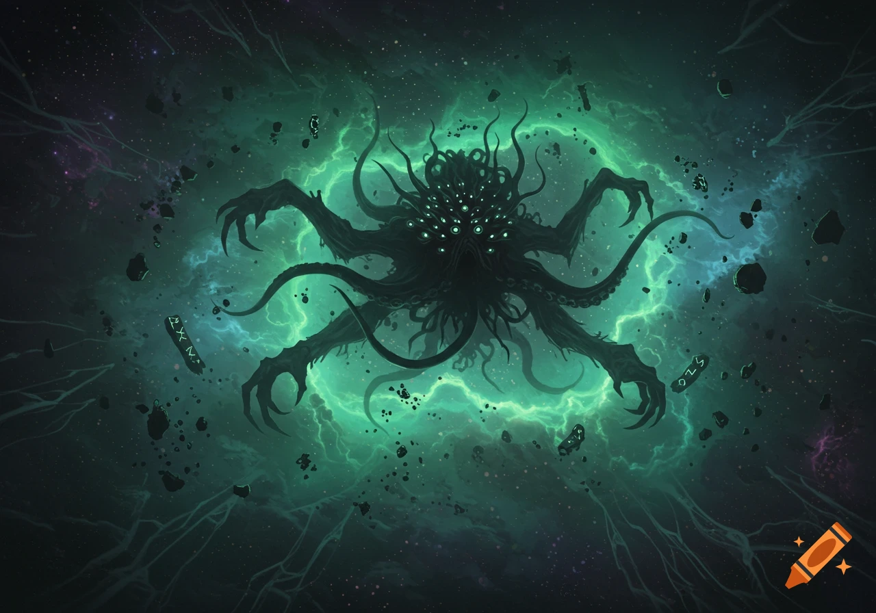 A dark, tentacled cosmic horror creature with many glowing eyes emerges from a swirling green nebula in deep space with floating debris.