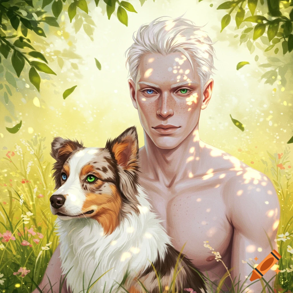 A white-haired man with heterochromia sits in a sunny field with an Australian Shepherd, also with heterochromia.