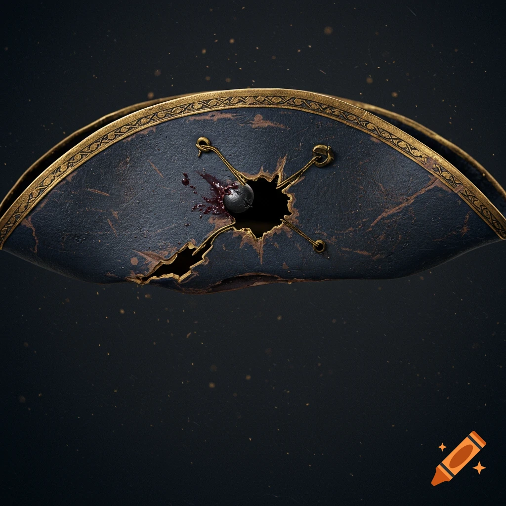 A dark blue leather tri-corner pirate hat with gold trim, a musket ball hole, and dried blood on a dark background.