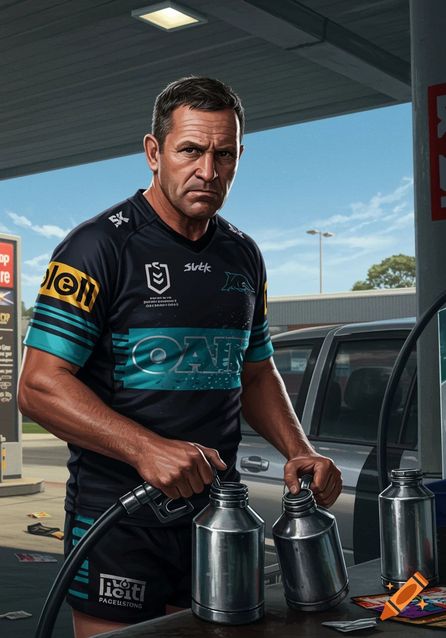 A determined man in a black and teal sports jersey fills metal cans with fuel at a gas station.