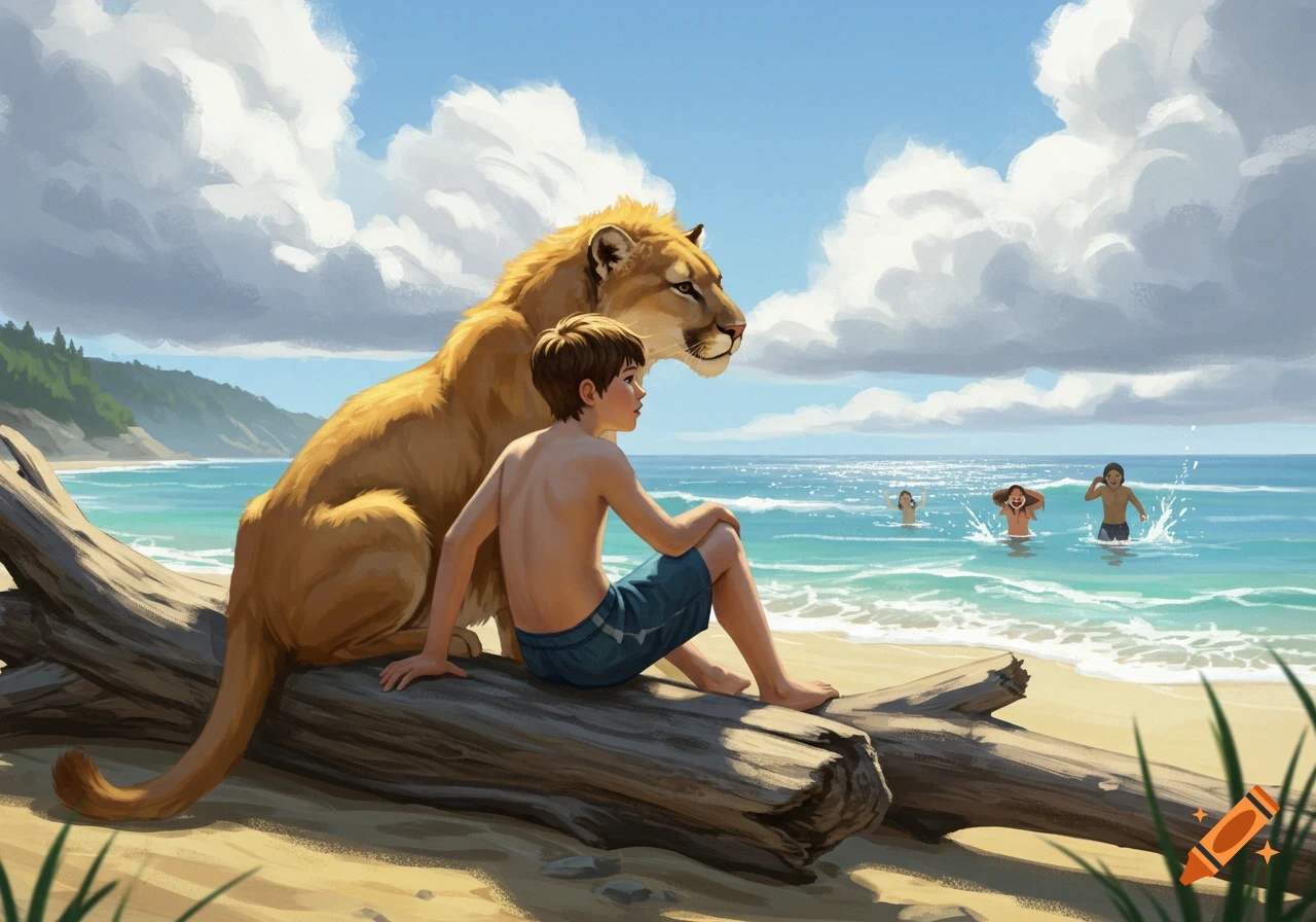 A boy sits on a log with his mountain lion on a sandy beach, looking out at friends playing in the bright blue ocean, in an illustrative style.
