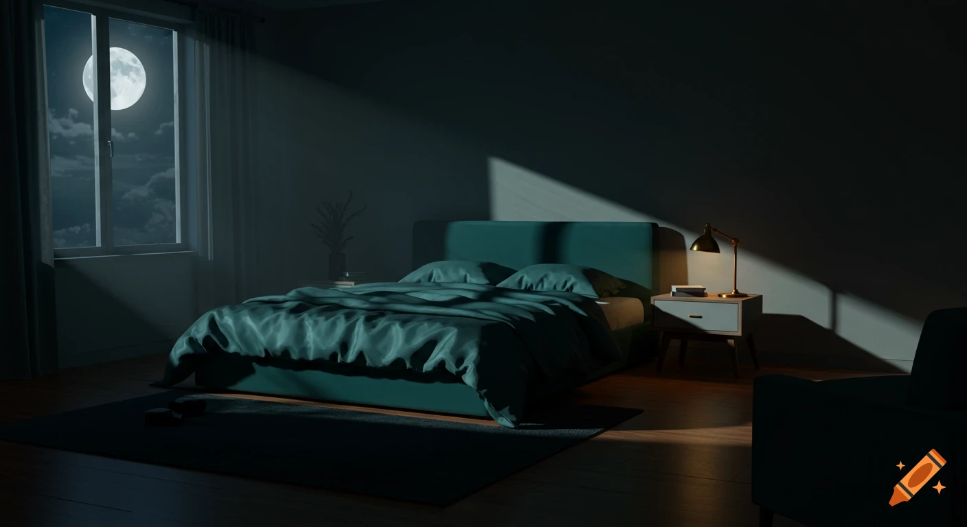 A dark bedroom with a large teal bed and a nightstand, lit by a full moon shining through a window, creating dramatic shadows.