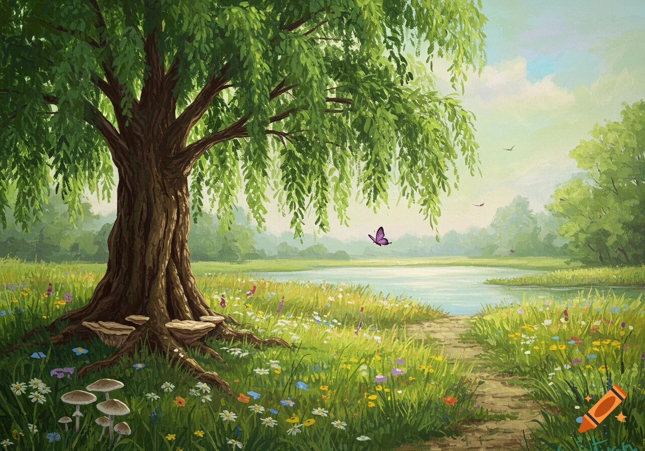 An acrylic painting of a weeping willow next to a lake, with a path and wildflowers in the foreground and a purple butterfly in the air.