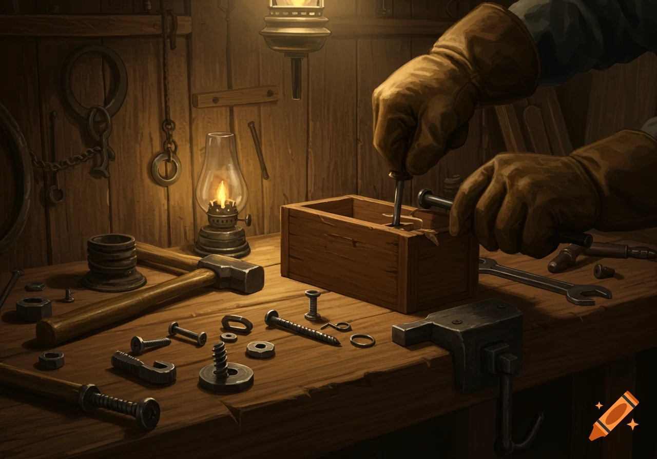 Gloved hands try to screw a fastener into a wooden box on a workshop bench, surrounded by various tools, nuts, and bolts, lit by a lantern. Detailed illustration.