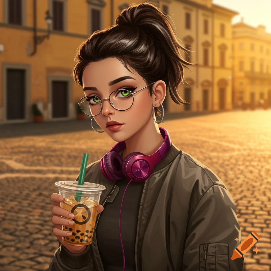 Digital art portrait of a teenage girl with a high ponytail, glasses, and purple headphones, holding a bubble tea on a cobblestone street at sunset.