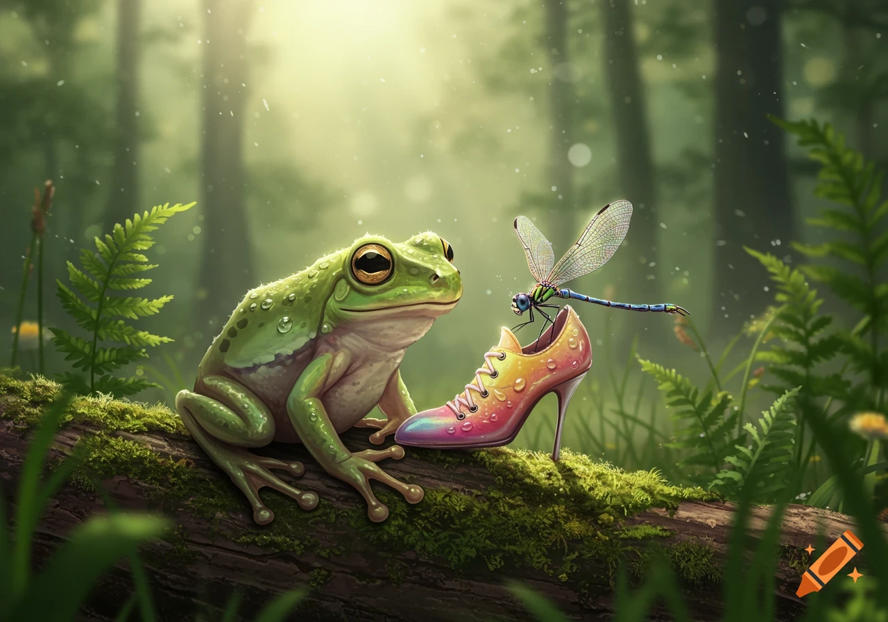 A green frog on a mossy log next to a colorful high-heel shoe with a dragonfly on it, in a sunlit forest.