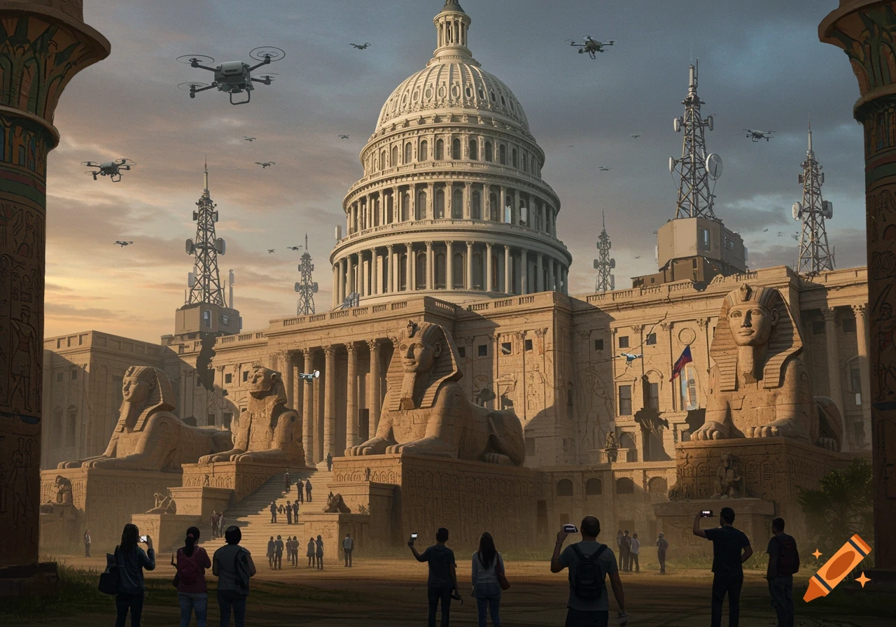 A blend of the US Capitol Building and Egyptian architecture with sphinxes, drones, and tourists.