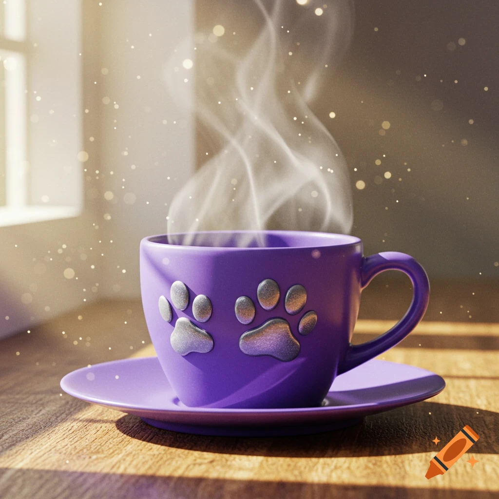 A steaming purple teacup with silver paw prints on a wooden table, illuminated by sunlight and bokeh lights.