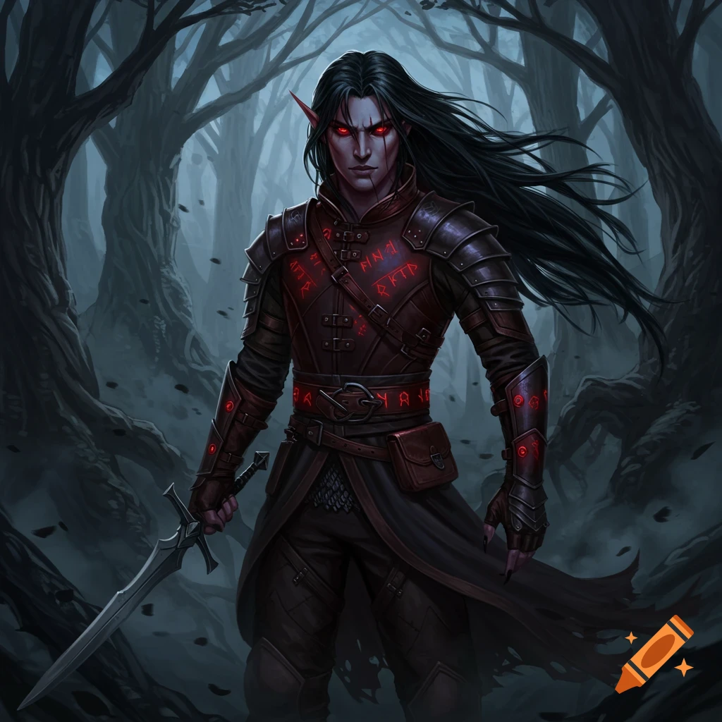 A dark-haired elf with glowing red eyes in red and black armor with glowing runes, holding a sword in a misty forest.
