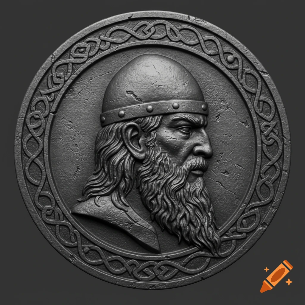 A greyscale relief sculpture of a bearded Viking man in profile, wearing a horned helmet, within an ornate circular border.