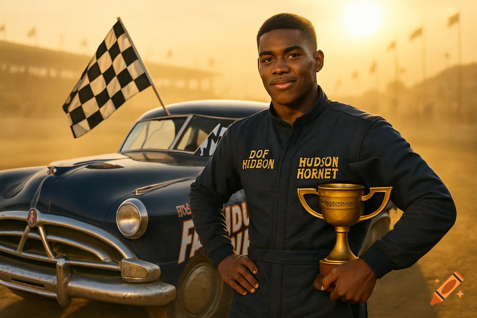 A proud young African American man in a racing suit holds a trophy in front of a vintage dark blue race car with a checkered flag, on a sunlit dirt track.