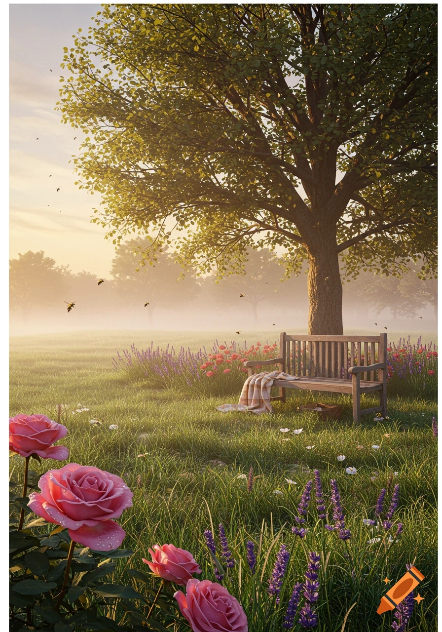 A misty, sunlit garden scene with a large tree, a wooden park bench, pink roses, and purple flowers in bloom.