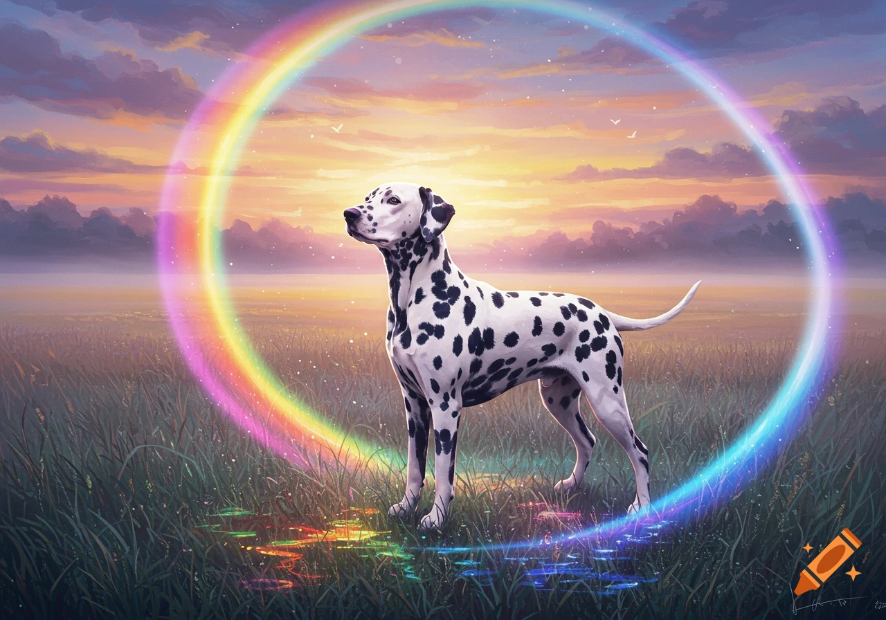 A Dalmatian dog stands in a grassy field with a bright rainbow arching behind it under a colorful sunset sky.