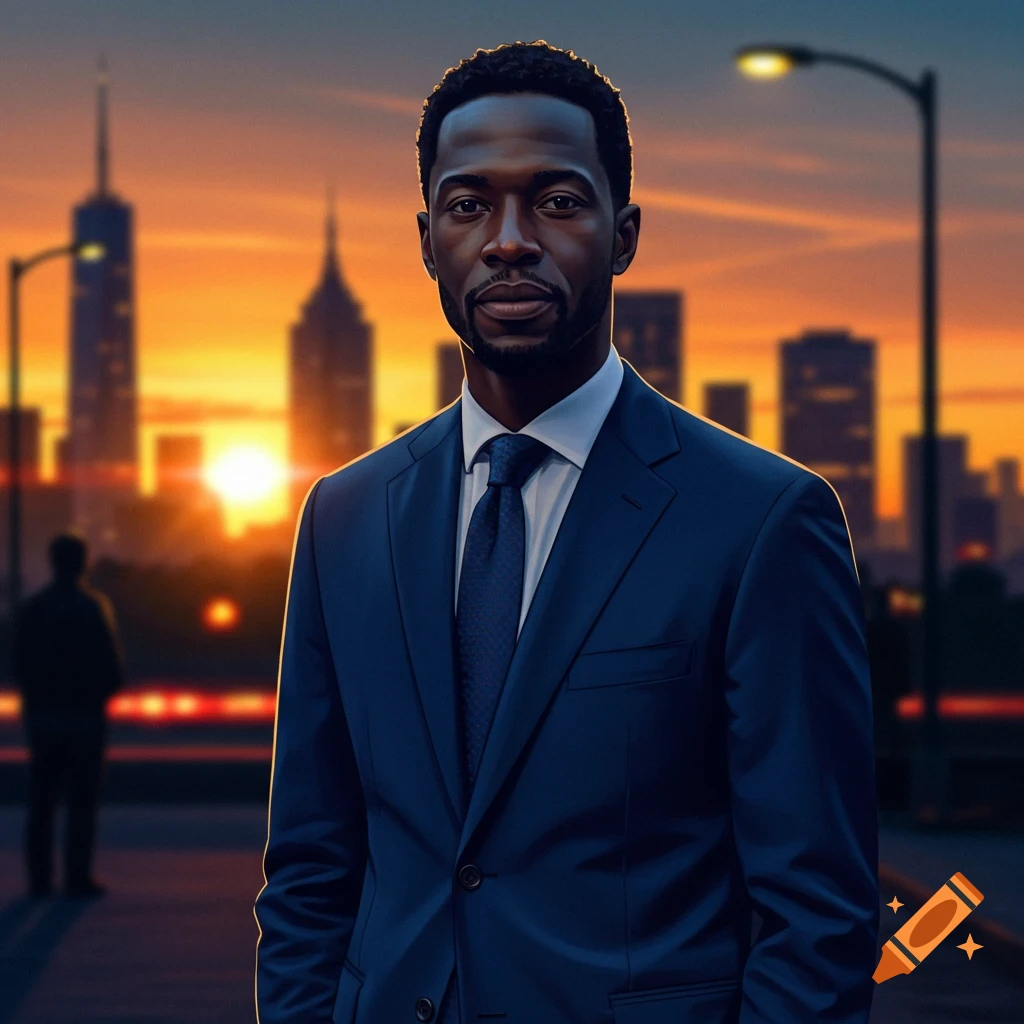 Photorealistic portrait of a Black man in a suit, standing against a blurred cityscape at sunset.