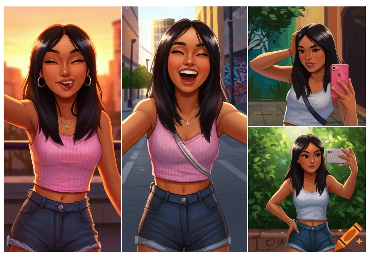 A collage of five colorful illustrations showing a smiling Latina girl taking selfies in various poses and outfits against different outdoor backgrounds.