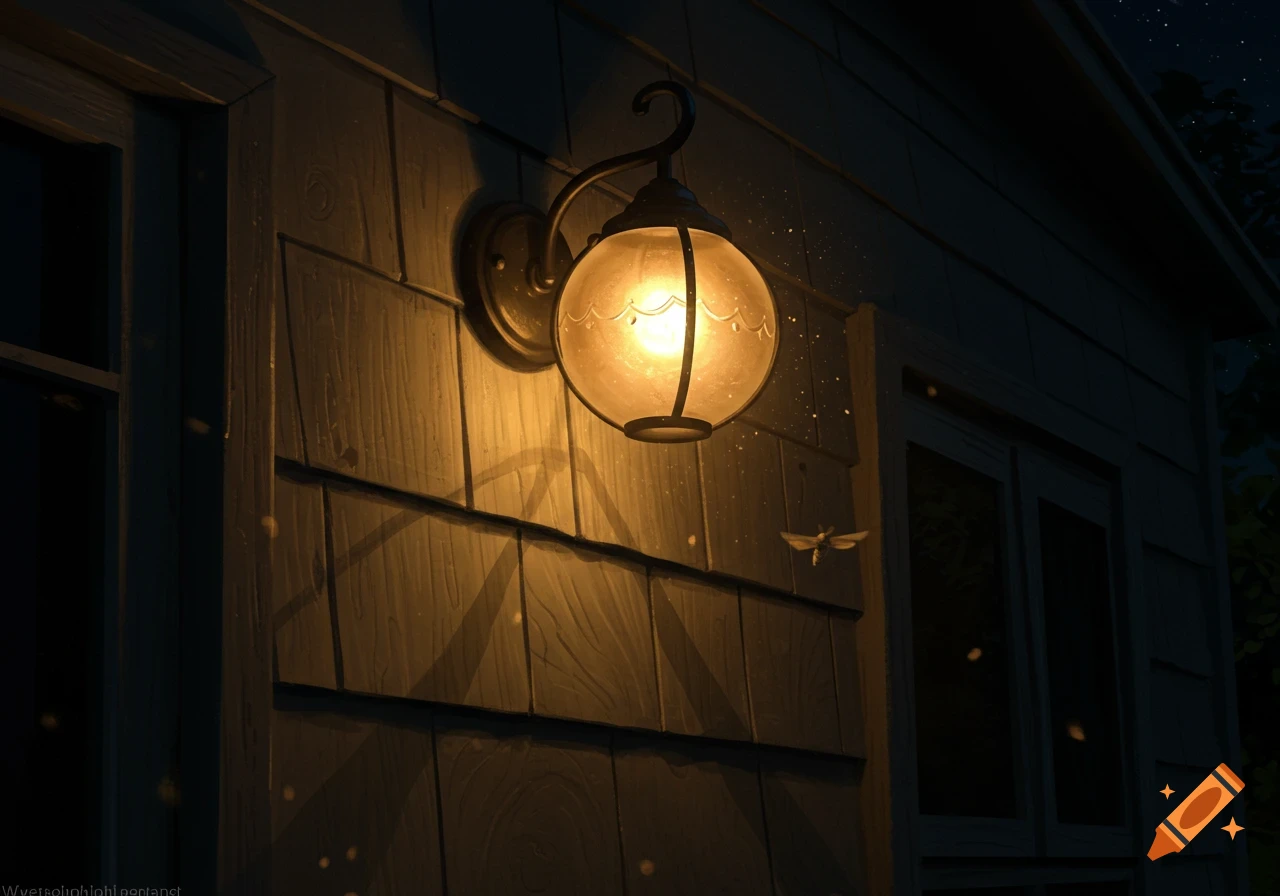 A warm glowing frosted-glass lamp illuminates wooden siding on a house at night, with a moth flying near the light.