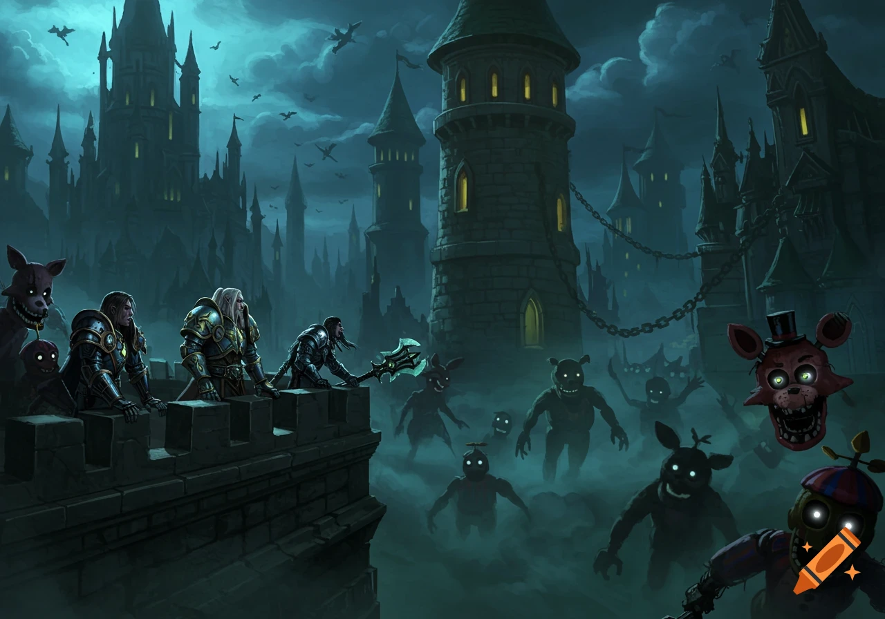 Fantasy warriors on a dark castle wall facing an army of creepy animatronic monsters in a foggy gothic landscape under a stormy sky.