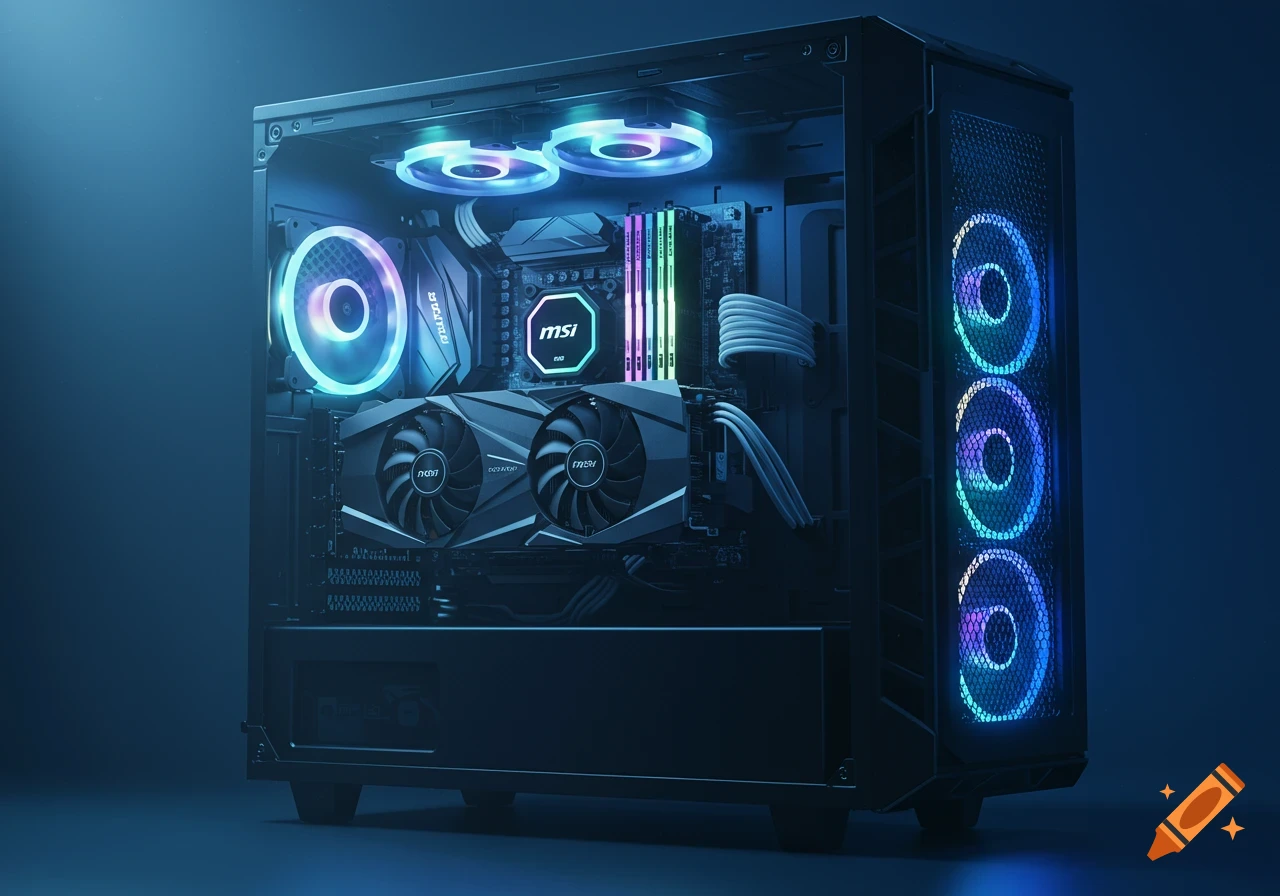 Close-up, photorealistic view inside a high-end gaming PC with colorful RGB lighting, showing the motherboard, RAM, and two graphics cards.