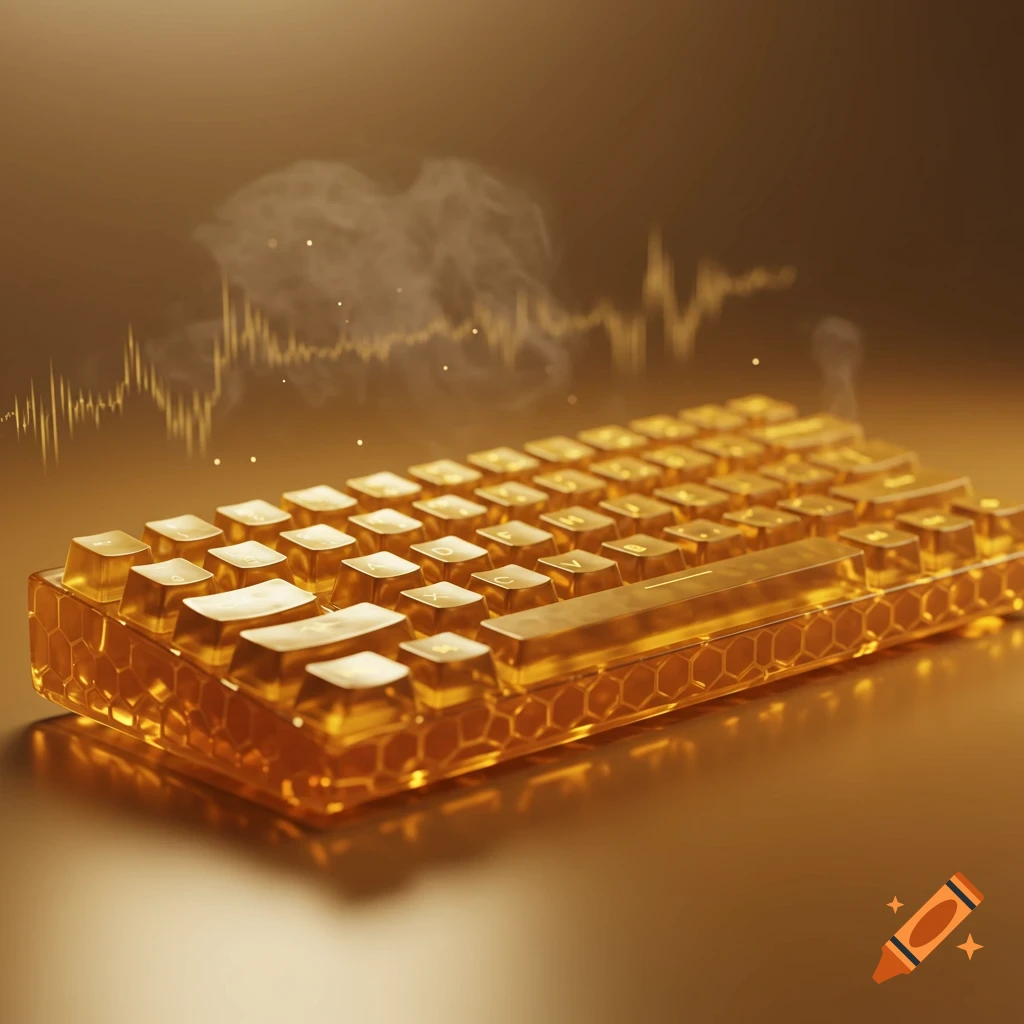 A close-up of a translucent amber keyboard with a honeycomb pattern, glowing on a golden surface with abstract smoky waves above.