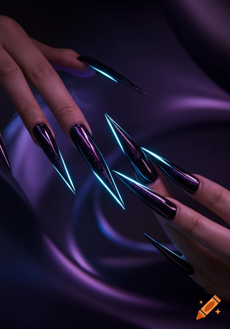 Close-up of hands with long, dark purple and black chrome stiletto nails featuring glowing blue edges against a mysterious dark purple background.