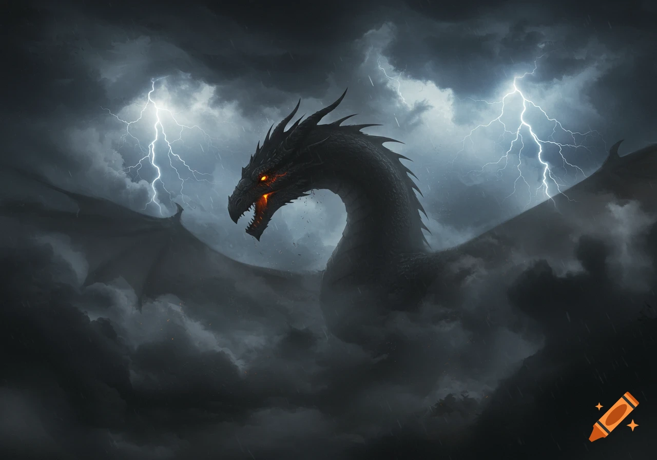A dark dragon with glowing amber eyes emerges from stormy clouds with lightning in the sky.